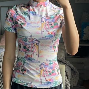 Mock neck Italy landscape top